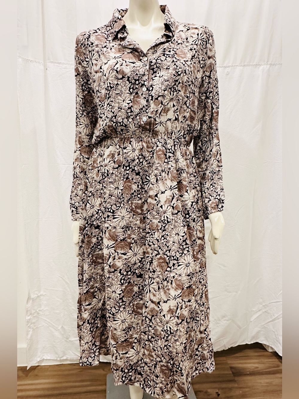 POL Button Up Floral Long Sleeve Shirt Maxi Dress Sz Large